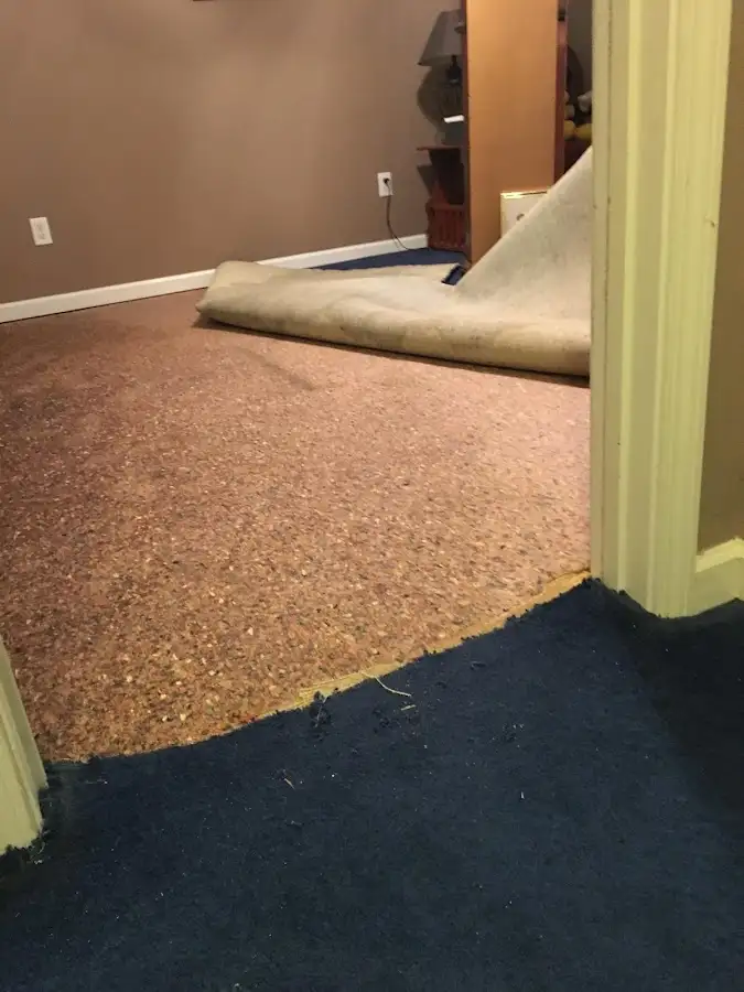 Carpet pad removal revealing water damage during Water Mitigation Services in Watauga